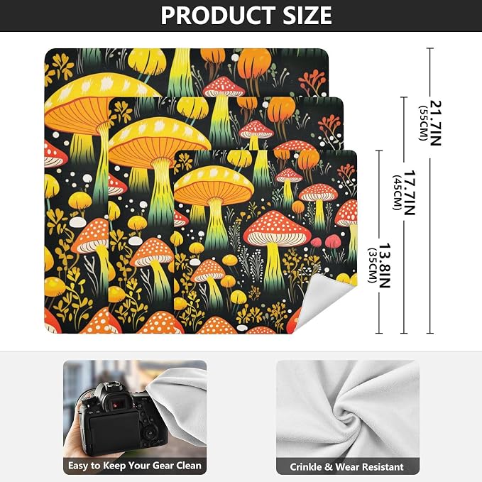 JIPONI Mushroom Fall Makeup Bag, Self-Adhesive Magic Wrap Cloth, Portable Cosmetic Organizer, Camera Lens Protector, Travel Storage for Beauty Essentials, 21.7"x21.7"