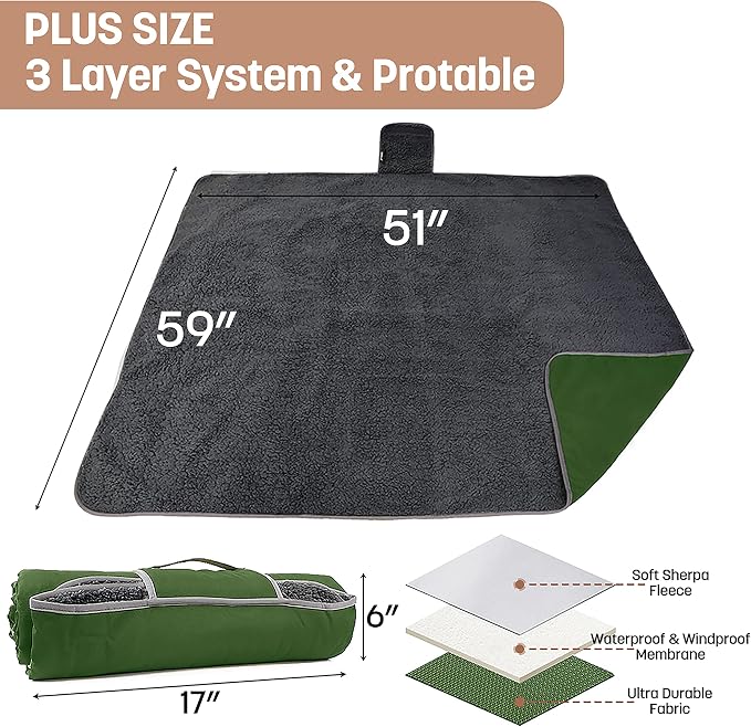 Tirrinia Waterproof Outdoor Blanket with Sherpa Lining, Windproof Foldable