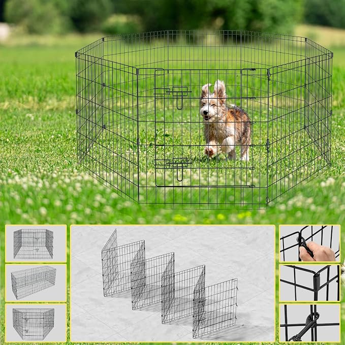 Artmalle Dog Playpen 30 Inch, 8-Panel Rustproof Foldable Fence with Door | Rustproof 8-panel metal playpen with door folds flat, sets up tool-free, and forms multiple shapes indoors or outdoors.