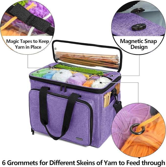 Teamoy Knitting Bag, Yarn Storage Organizer Crochet Bag Tote, Purple | Yarn Holder with Inner Divider(Sewn to Bottom) for Crochet Hook, Knitting Needles(Up to 14"), Project and Crocheting Supplies