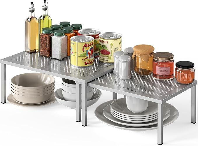 Simple Houseware Cabinet Counter Shelf Organizer w/Steel Surface, Silver | Expandable & Stackable 9" D x 12.75" W x 5.9" H