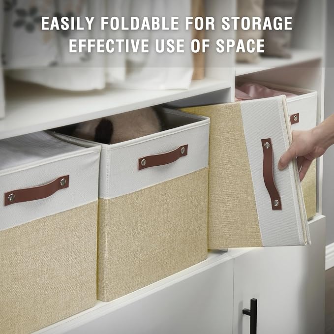 13x15x13 Storage Cube Bins, Foldable Storage Organizer Baskets, Fabric Cube Storage Boxes with 2 Reinforced PU Handles for Kallax, Shelves, Living Room | 4 Pack, Beige & White