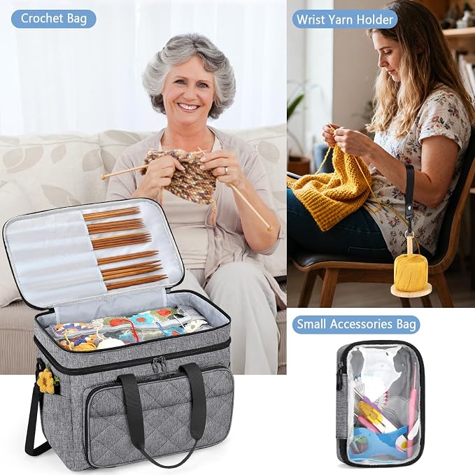 Crochet Organizer Bag with Yarn Holder, Large Yarn Storage for Accessories | 3PCS Crochet Knitting Bag with Accessory Pouch for Hooks, Needles, Travel Tote, Crochet Lovers, Gift for Crafters, No-Tangle