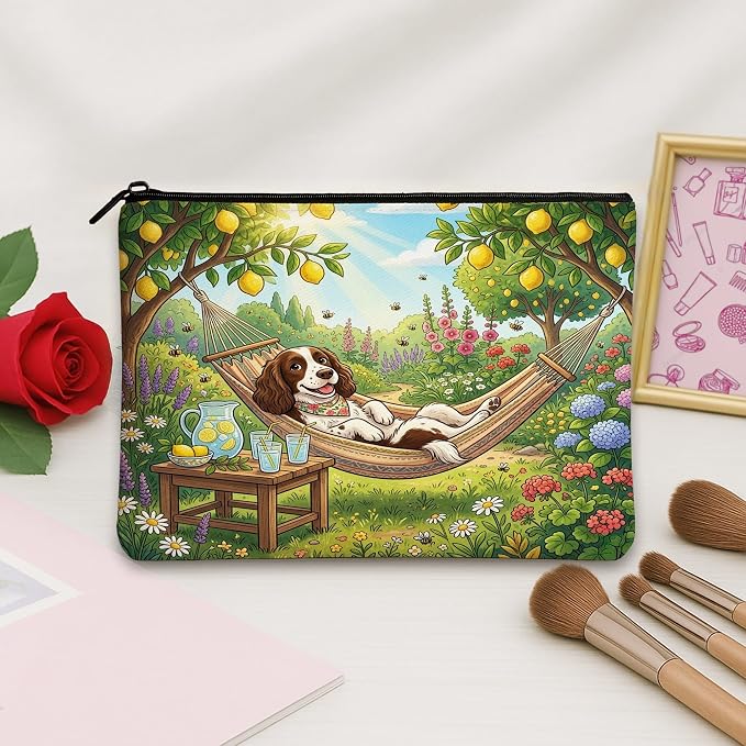 Springer Spaniel Dog Makeup Bag, Country Lemon Floral Plant Cosmetic Travel Pouch for Women, Gifts for Girls, Pet Portable Small Canvas Zipper Organizer 7x9 Inch