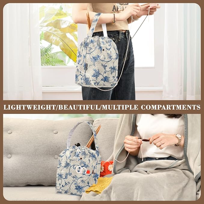 Tatenale Crochet Bag Yarn Bag Knitting Project Bag with Pockets and Handle Portable Yarn Storage Organizer Tangle Free 8.3x11 InchWatercolor Blue and White Flower21