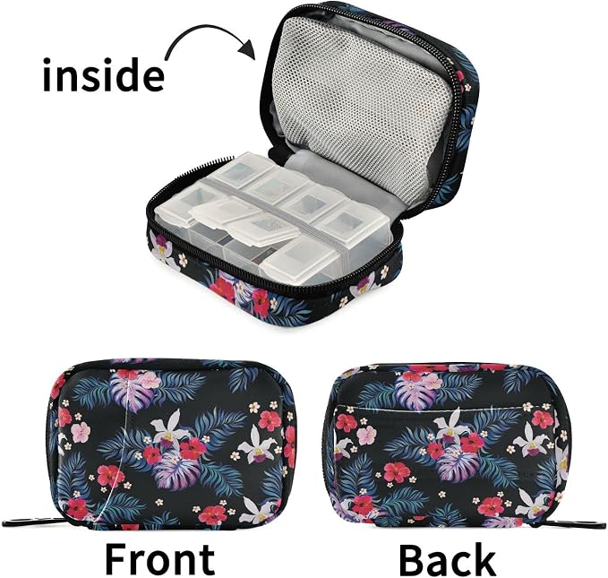 Pill Organizer Palm Leaves Flowers Pill Box 7 Day Pill Case Bag Travel Pill Organizer Bag with Zipper Portable Weekly Case Compact Size for Vitamin Supplement Holder