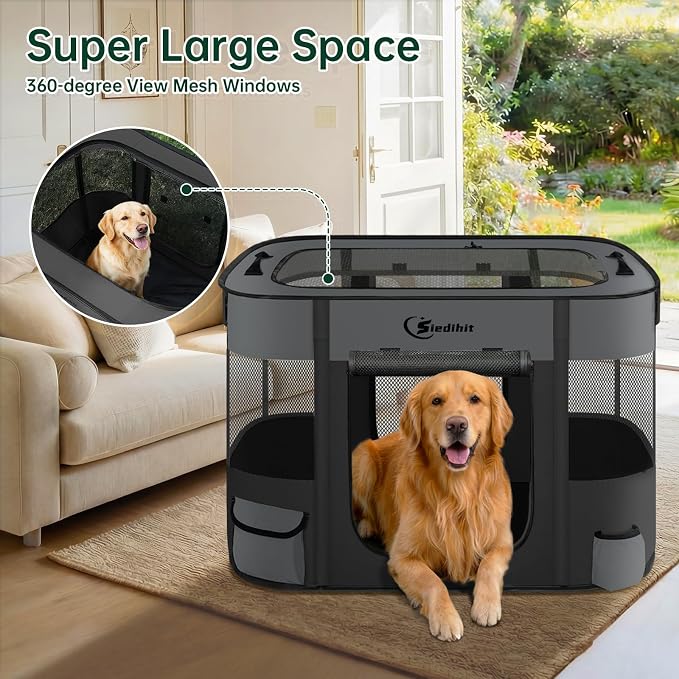 Siedihit 35" Dog Playpen,Cat Puppy Pen, Pet Portable Crate Indoor Outdoor | Durable Travel Camping Use,Foldable Dog Kennel Tent Cage for Rabbit Small Animals with Carrying Case(Dark Grey, Large)