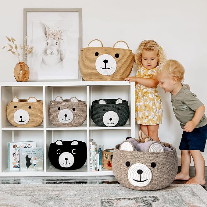 CherryNow Large Baby Basket for Gifts Empty, Cute Bear Design, Light Brown | 15.7" x 10.5" Baby Shower Basket for Kids Boys Newborn Storage, Woven Rope Toy Basket, Fits Living Room Nursery Décor