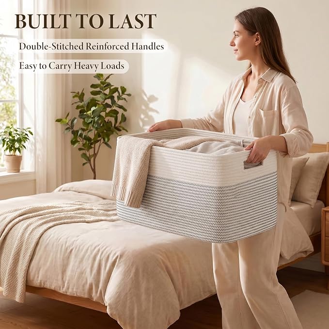 75L Large Cotton Rope Basket, Soft Toy Storage Bin for Nursery & Living Room, Decorative Blanket Basket for Bedroom, Baby-Safe Organizer for Pillows &Laundry, 22''×17''×12'', Black & White