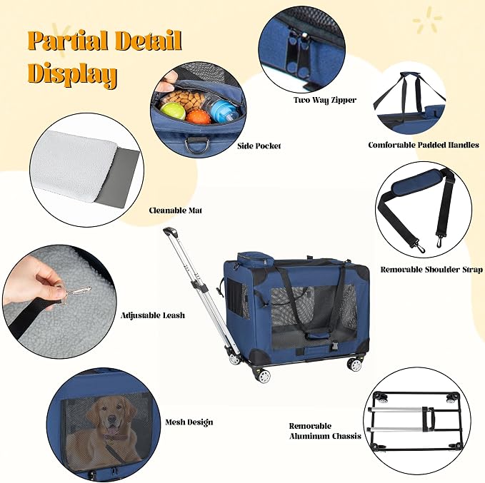 2 in 1 Rolling Dog Crate with Wheels, 24'' Collapsible Travel Pet Carrier for Medium Large Dogs, Portable Folding Kennel with 3-Door Design & Mesh Windows (Dark Blue + 28'')