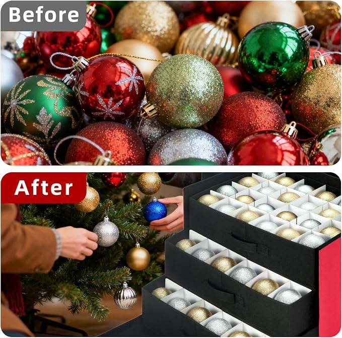 Christmas Ornament Storage Box with Adjustable Dividers, Large Holiday Ornaments Storage Container Bin with Lid for Xmas Decorations (72-3" Balls, Red, With Removable Tray)