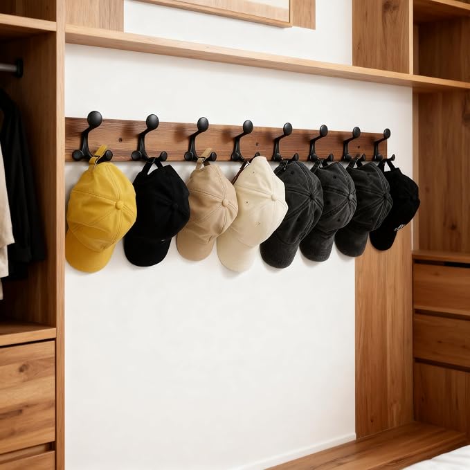 SKOLOO 43-Inch Wood Coat Rack Wall Mount with 8 Triple Hooks - Ideal for Family Entrances, Classrooms, and Pet Supplies Storage - Perfect Coat Hooks for Wall,Charred Golden Brown, Pack of 2