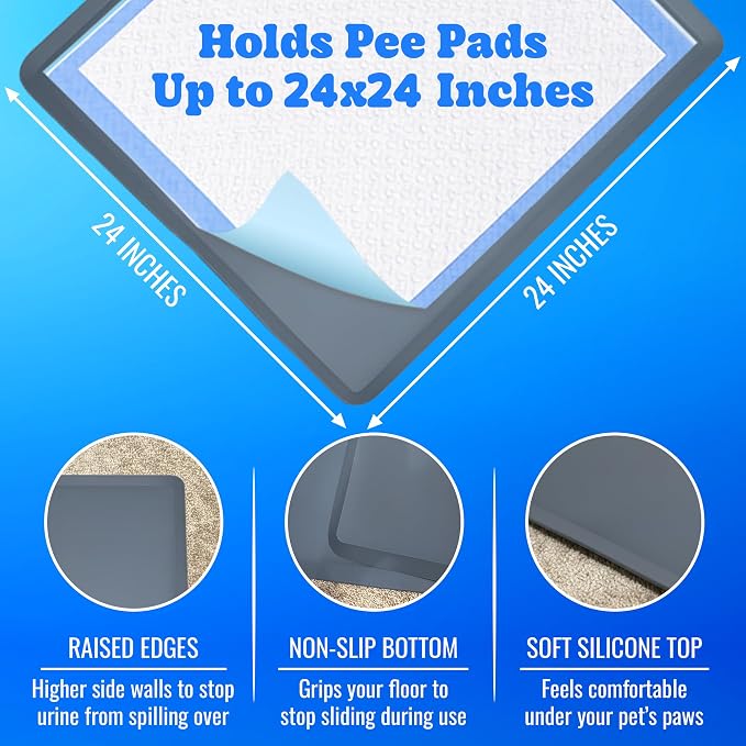 Dog Pee Pad Holder - Fits Up to 24” x 24” Pee Pad - 1 Pack - Dark Grey | Stable Grip, Raised Edges, Quick-Wipe Silicone Surface Dog Potty Tray Holder for Indoor Flooring Protection