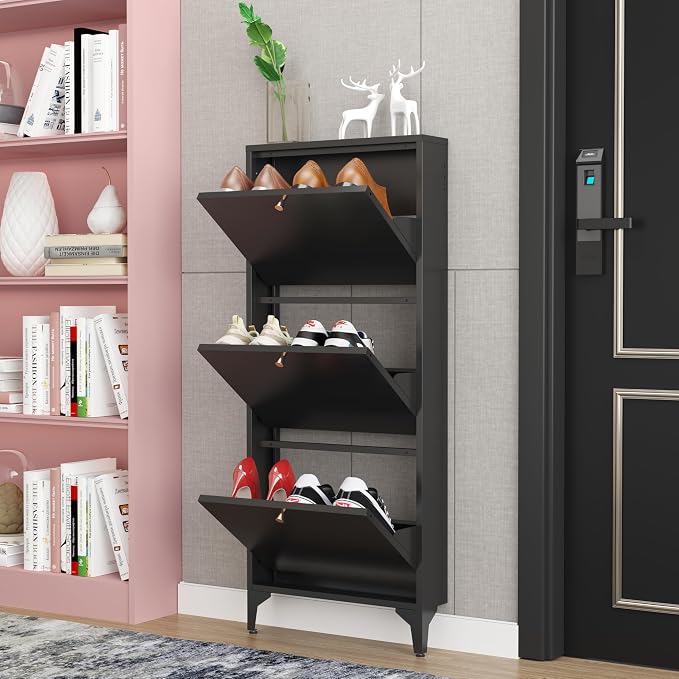 Shoe Cabinet with 3 Flip Drawers, Narrow Shoe Storage Cabinet, Farmhouse Shoe Organizer, Freestanding Organizer with Metal Legs for Entryway, Foyer (Black, Narrow 3-Door)