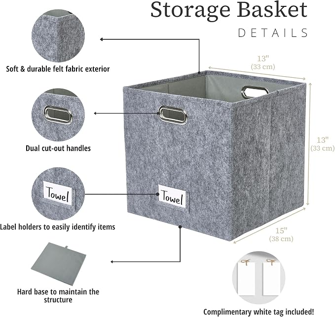 DECOMOMO Felt Storage Bins, 13x15x13 Storage Cube Bins with Labels | 3 Pack Storage Baskets for Shelves, Kallax (Dark Grey)
