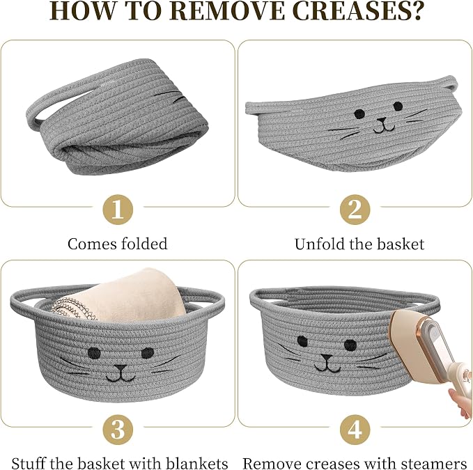 Small Cat Toy Basket, Gift Baskets Empty for Baby Shower,9.8" x 4" | Boo basket Cute Woven Rope Storage Basket for Home Decor, Baby Baskets for Nursery, Cat Pet toy box, Grey