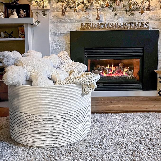 INDRESSME XXXLarge Woven Rope Blanket Basket Living Room White, 90L | 21.7" x 13.8" Storage baskets for toys laundry & pillows. Fits living room, bedroom or nursery décor. Soft-touch with handles