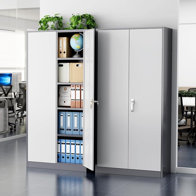 Greenvelly Metal Storage Cabinet with Doors and Shelves, 72" Inch Locking Metal Cabinet,Garage Storage Cabinet for Garage Office School Warehouse (White Gray)