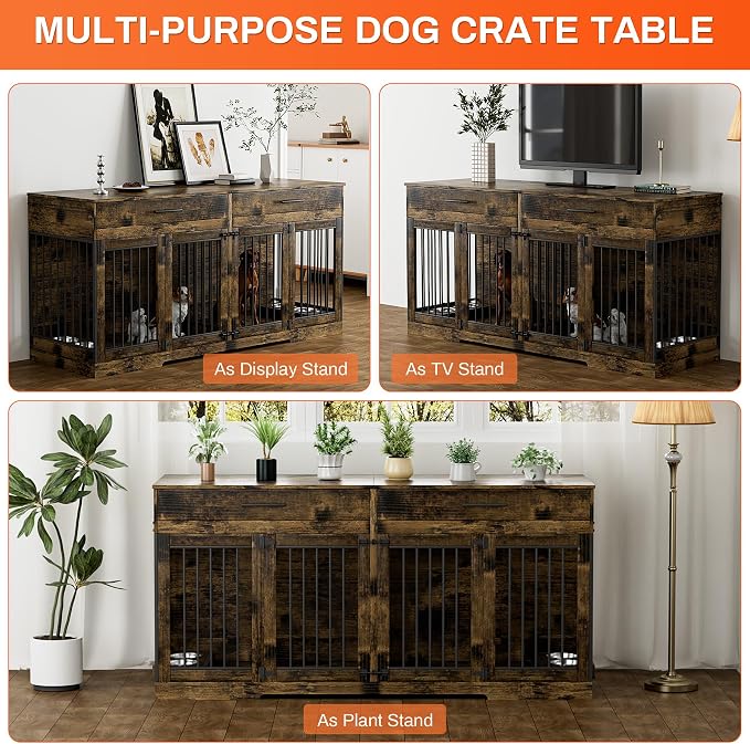 Rophefx 72" Double Dog Crate Furniture with Drawers and Divider, Brown | Wooden dog kennel for 2 medium dogs with 2 drawers, removable divider, 4 bowls and TV stand top