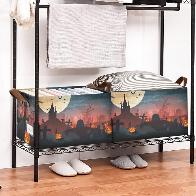 Halloween Spooky Graveyard Storage Basket Foldable Cube Storage Bins with Handles&Label Waterproof Collapsible Organizer Box Bin Large Rectangle Decorative Baskets for Shelves Home Room Laundry