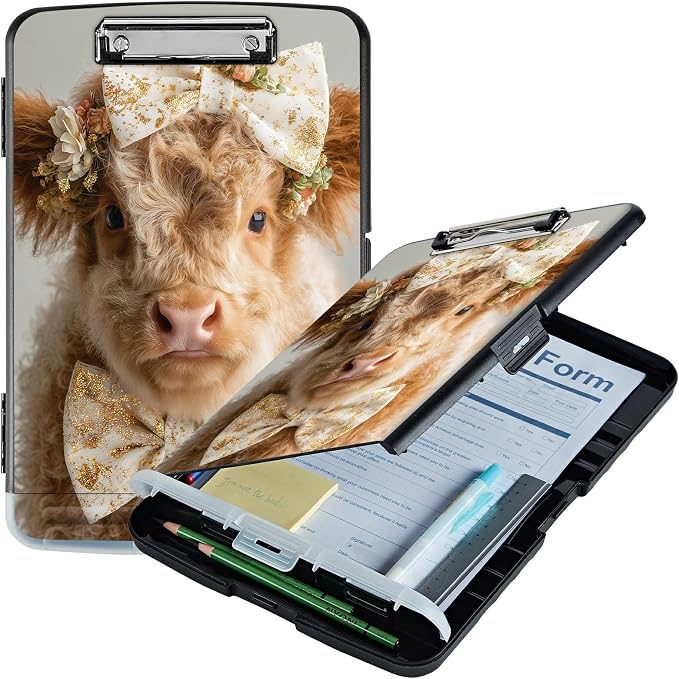 A4 Clipboard with Storage Pen Holder, Clipboards Organizer Nursing Clipboard Foldable File Folder Plastic Clipboard Folio Clip Board for Office Work Classroom Doctor, Yellow Baby Cow