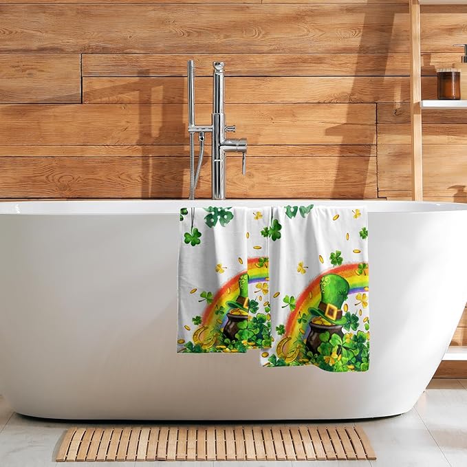 Giwawa Patrick Decorative Hand Towels- Lucky Clover Elf Hat Rainbow Towel Set of 2- Spring Shamrocks Leaf Face Towel Absorbent Dish Wash Cloth for Hotel Bathroom Gym Guest Home Holiday