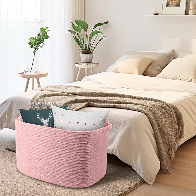 Extra Large Pink Storage Basket, 23.6" x 17" x 12" Rectangle Blanket Basket Living Room, Woven Cotton Rope Basket, Toy Basket Bins, Pink Baskets for Decor, Wicker Baby Laundry Basket