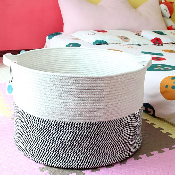 Casaphoria XXXLarge Cotton Rope Basket for Living Room - Woven Storage Basket with Handle for Blankets, Towels and Pillows Laundry Hamper | White & Grey (21.7" x 21.7" x 13.8")
