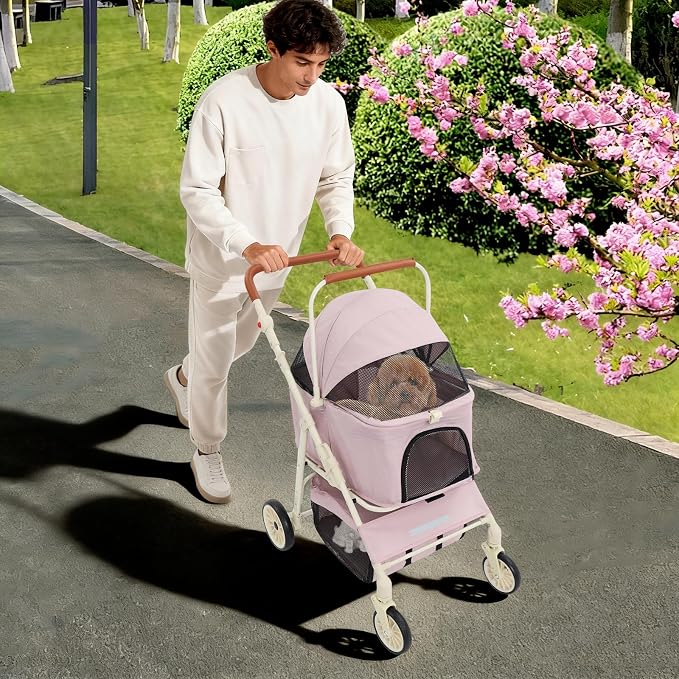 Foldable Double Tier Pet Cart, 360° Swivel Wheel Travel Carrier, Pink | Breathable Oxford Cloth Carbon Steel Frame, Brake Wheels & Pet Friendly Windows For Dog Cat Outdoor Walk Trip