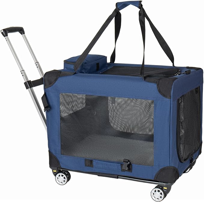 2 in 1 Rolling Dog Crate with Wheels, 24'' Collapsible Travel Pet Carrier for Medium Large Dogs, Portable Folding Kennel with 3-Door Design & Mesh Windows (Dark Blue + 28'')