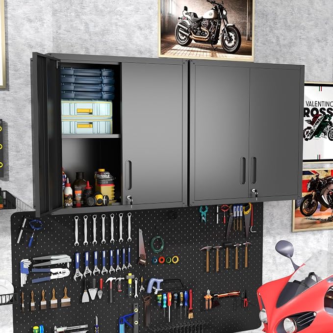 Metal Storage Cabinet for Garage, Tool Cabinet, Utility Cabinet | Wall Mounted, Hanging Tool Cabinet, Lockable, 2 Doors, Adjustable Shelves, Assembly Required, Black