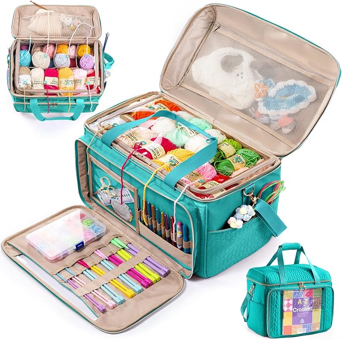 MYBAGZING Large Yarn Storage Bag,Crochet Bag Organizer,Yarn Bags for Crocheting,Crochet Storage Bag with Pockets for Crochet Hooks, Crochet Accessories,Knitting Bags,Gifts for Crocheters