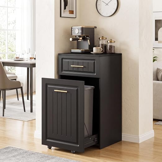 ZIFTY 13 Gallon Pull Out Trash Can Cabinet Kitchen, Laundry Hamper, Black | Pet Proof, Freestanding Kitchen Cabinet, Hideaway Drawer, Wooden Garbage Recycling, Modern Farmhouse Waste Bin Furniture