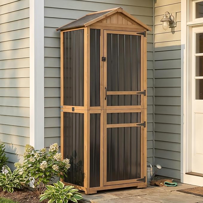 Outdoor Storage Cabinet, Extra-Tall Shed with Removable Shelf for Long Tool | Wood & Metal, Waterproof Asphalt Roof, Removable Shelf, Magnetic Lockable Doors, for Patio, Backyard, Garage, Garden