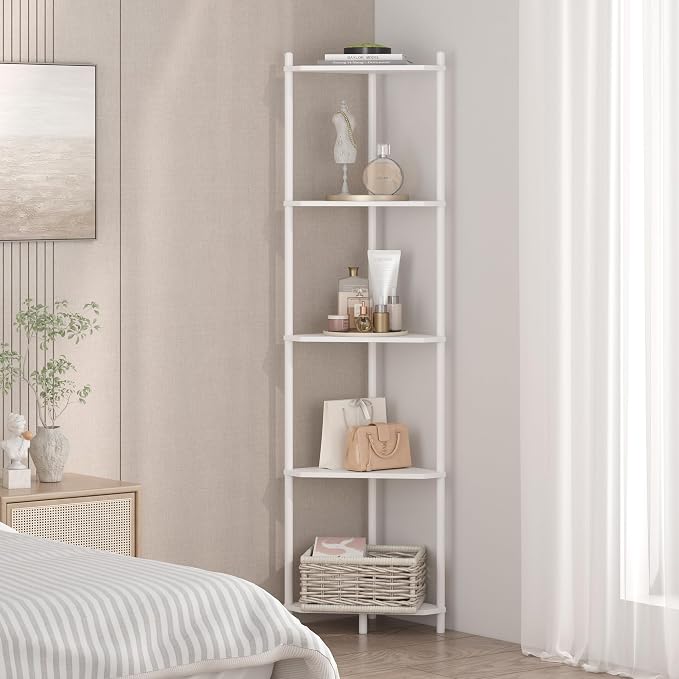 Wisuce White Tall Corner Shelf Stand, 5-Tier Bamboo Corner Bookshelf | Space-Saving Narrow Corner Shelf | Bathroom Corner Shelf | Shelves for Bedroom, Living Room, Kitchen & Plant Display