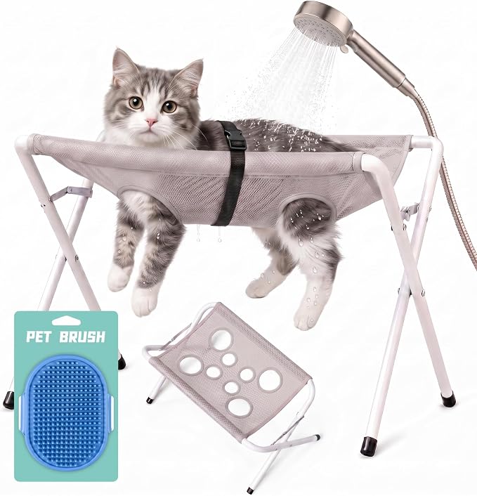 Cat Bathing Hammock, Stainless Steel Foldable Pet Bathing Stand with Restraint Straps, Multi-hole Anti-Scratch Washing Holder Station for Easy Feline Washing & Nail Trimming, Supports up to 40lbs，Gray