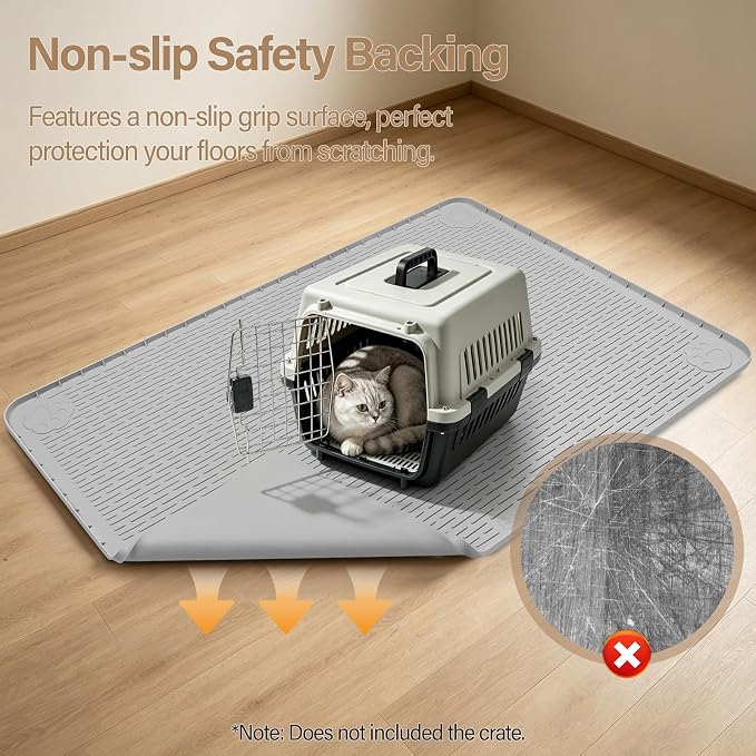 Silicone Cat Bed Mat 34"x22" Pet Crate Mat for Cat Cage, Light Grey | Extra Large Cat Sleeping Mat, Non-slip, Washable, Waterproof Pet Bed Mat with Raised Edge, Pet Playpen Mat to Protect Floors