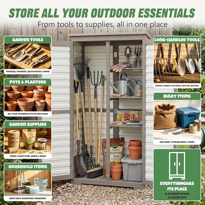 Outdoor Storage Cabinet – Store More in Less Space, Tall Vertical Garden Tool Organizer with 4 Shelves & Long Handle Storage, Weather-Resistant Patio Cabinet for Backyard, Garden, Side Yard