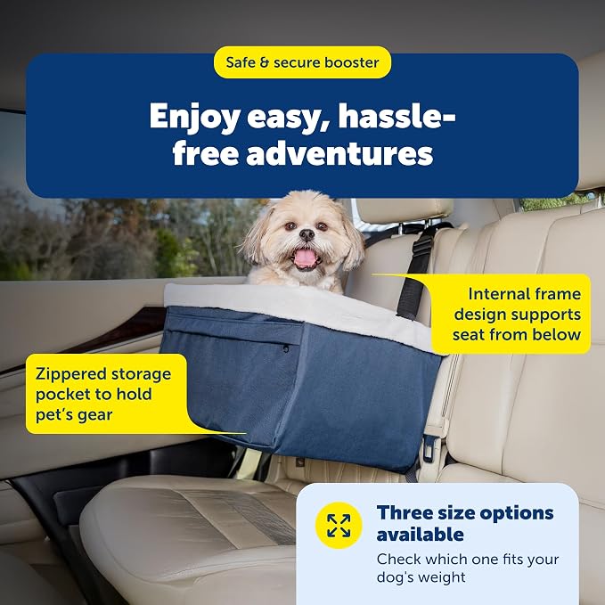 PetSafe Happy Ride Dog Booster Seat, Navy Blue, Up to 25 Lb | Raises Small Dogs to Window Height In Most Cars, Connects to Seatbelt with Safety Tether, Fleece Liner Is Machine Washable