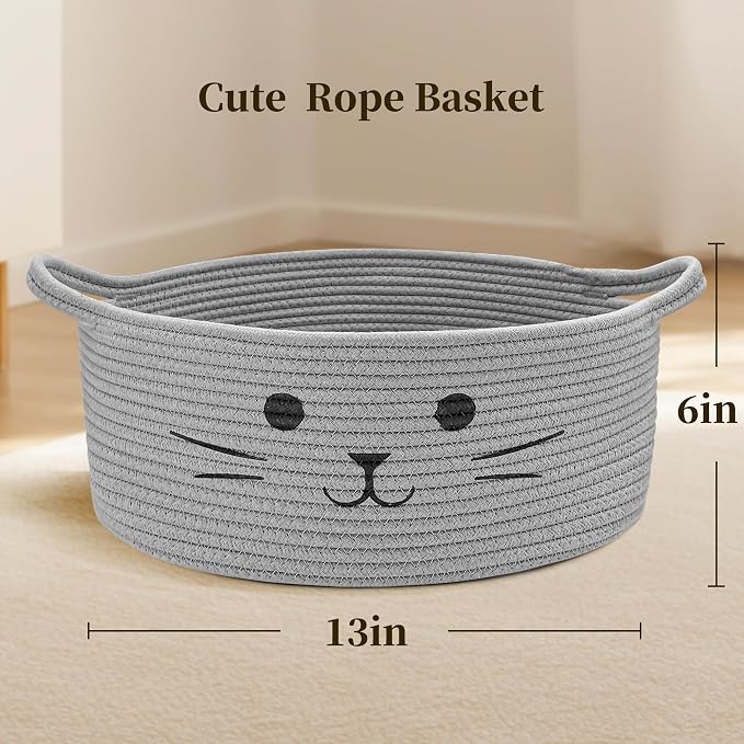 Large Cat Toy Basket, Gift Baskets Empty for Baby Shower,13" x 6" | Boo basket Cute Woven Rope Storage Basket for Home Decor, Baby Baskets for Nursery, Cat Pet toy box, Grey