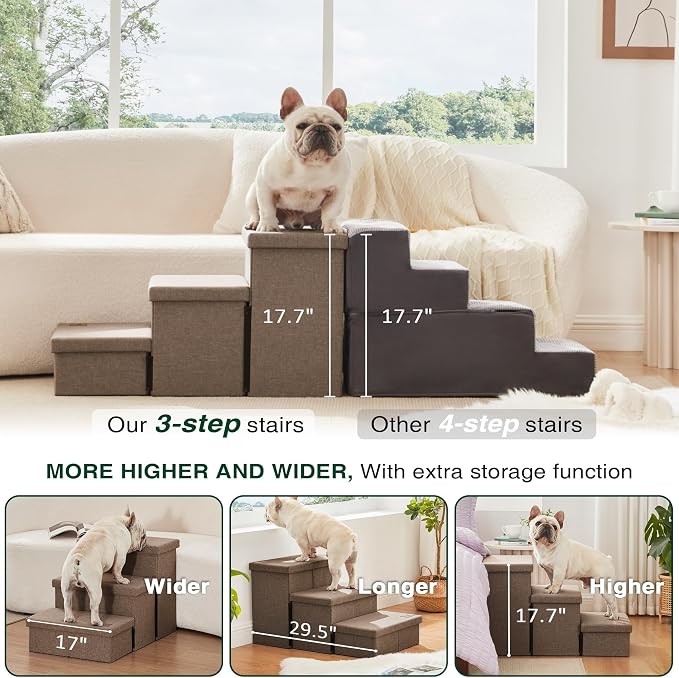 Love's cabin Dog Stairs for High Bed, Foldable Pet Stairs for Small Medium or Large Dogs Puppy with Storage for Bed or Couch, Cat Dog Steps Ramp with Zip up to 200 lbs, Light Brown, 3 Steps