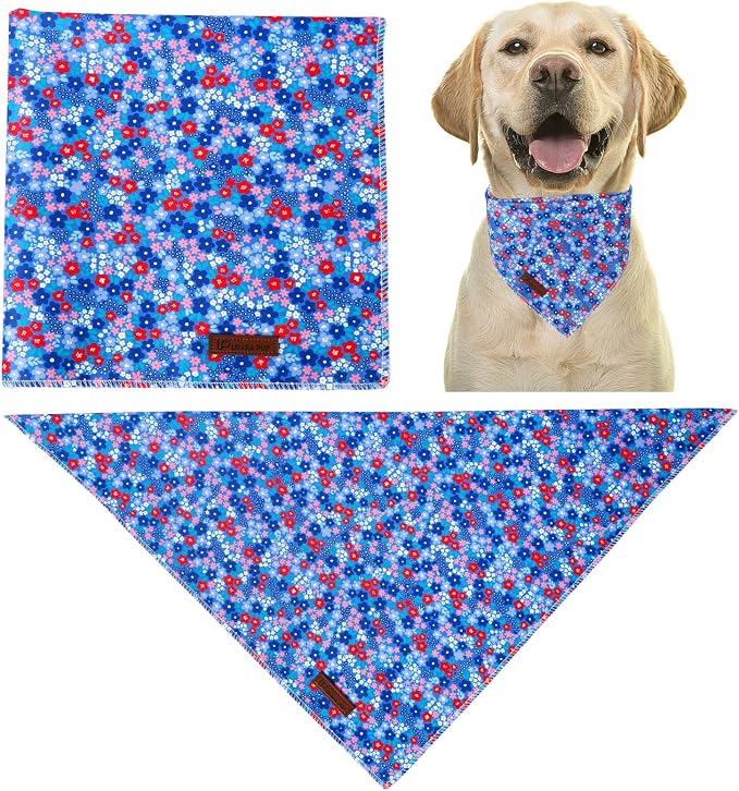 Spring Summer Dog Bandana, Red & Blue Floral Puppy Bandana for Small Medium Dog, Cotton Flower Pet Triangle Bid Scarf Kerchief for Girl Boy Dogs or Cats