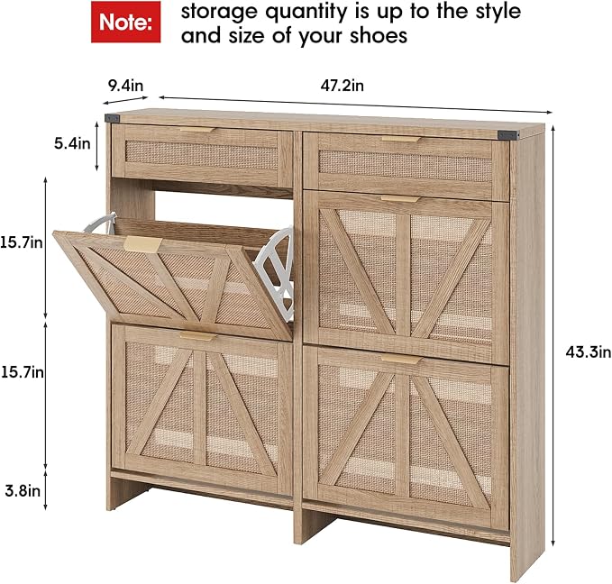 Halitaa Shoe Cabinet with 4 Flip Drawers & 2 Drawers,Farmhouse Shoe Storage Cabinet for Entryway,Slim Freestanding Organizer Rack for Front Door Entrance,Rustic Oak Rattan