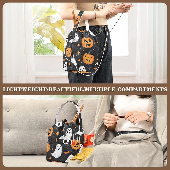 Tatenale Crochet Bag Yarn Bag Knitting Project Bag with Pockets and Handle Portable Yarn Storage Organizer Tangle Free 8.3x11 InchGothic Halloween Ghost Pumpkin and Spider Web04