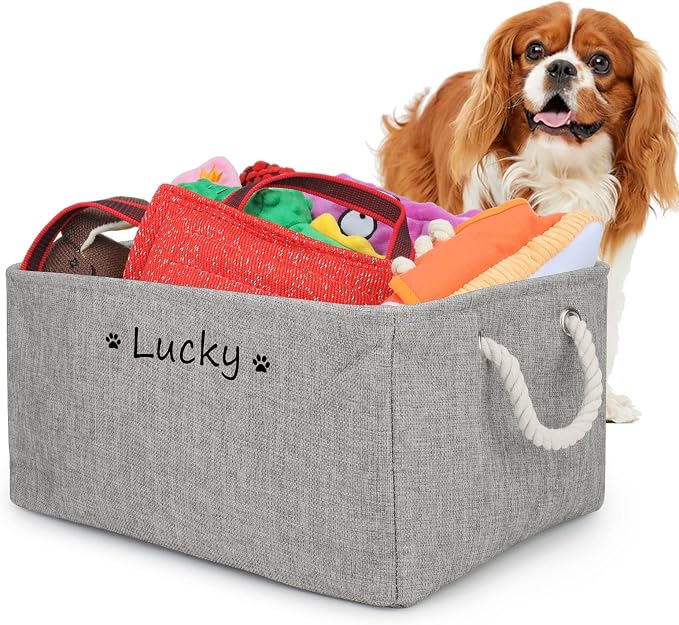 Personalized Dog Toy Storage Basket Bin, Customized Pet's Name Storage, Collapsible Organizer Box for Dog Toys, Clothing, Apparel & Accessories (Grey, L)