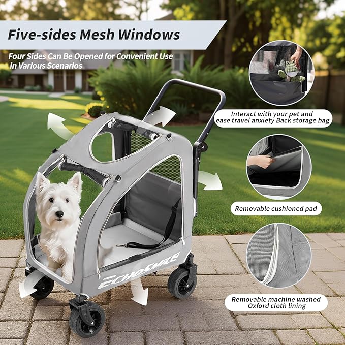 EchoSmile 4-Wheel Pet Stroller for Dogs & Cats, Up to 135 lbs, Grey | Lightweight Carrier · Storage Basket Included · Adjustable Handle · Removable Pad