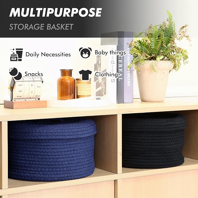 Sea Team Round Storage Basket, Woven Cotton Rope Basket with Lid, Black | Decorative Knitted Storage Bin, Multi-Purpose Lidded Organizer for Closet Shelves, Nursery and Household Storage