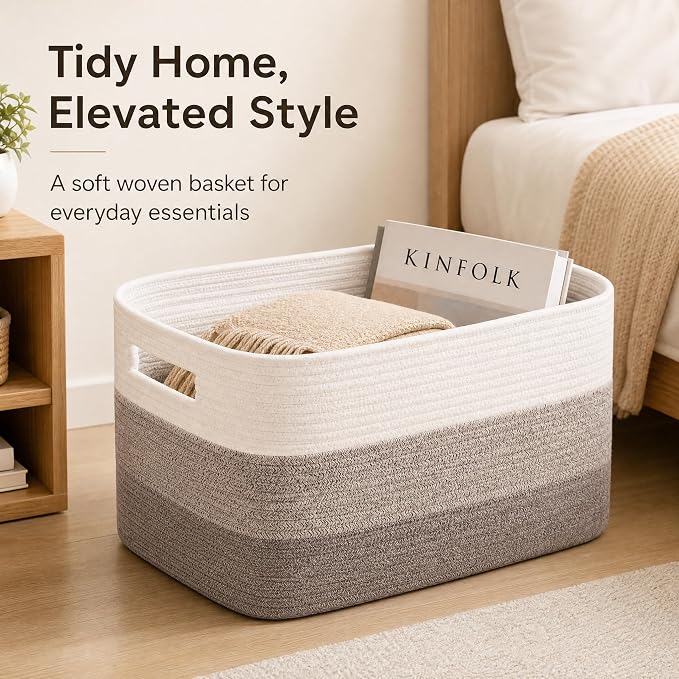 Cotton Rope Laundry Basket Extra Large, 22.8GAL Collapsible Woven Storage Baskets for Living Room Kids Toys Stuffed Animal,Boho Rectangular Decorative Hamper for Dirty Clothes Blankets Gradient Brown