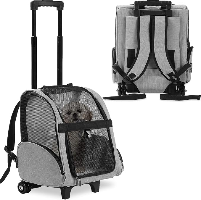 Deluxe Backpack Pet Travel Carrier with Double Wheels for Pets up to 18 Pounds - Grey
