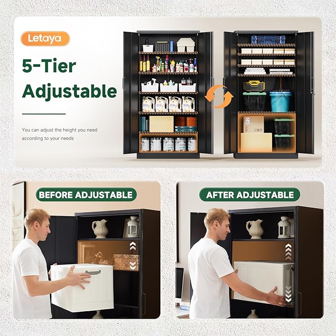 Metal Storage Cabinets with Lock Doors,Tall Locker Organizer Steel Garage Cabinets, 5 Adjustable Layers Shelves for Home, Office, Warehouse,Tool,Industrial(Black)